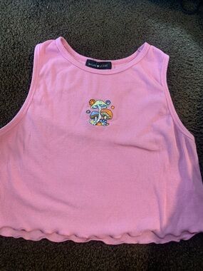 Social Scene Pink Ribbed Embroidered Mushroom Crop Tank